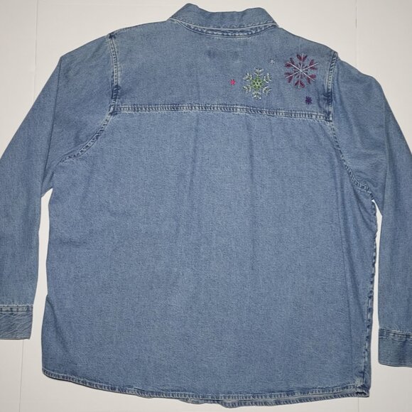C.J. Banks Womens Blue Denim Long Sleeve Button Up Embroidered Jacket Size 1X - Picture 2 of 13